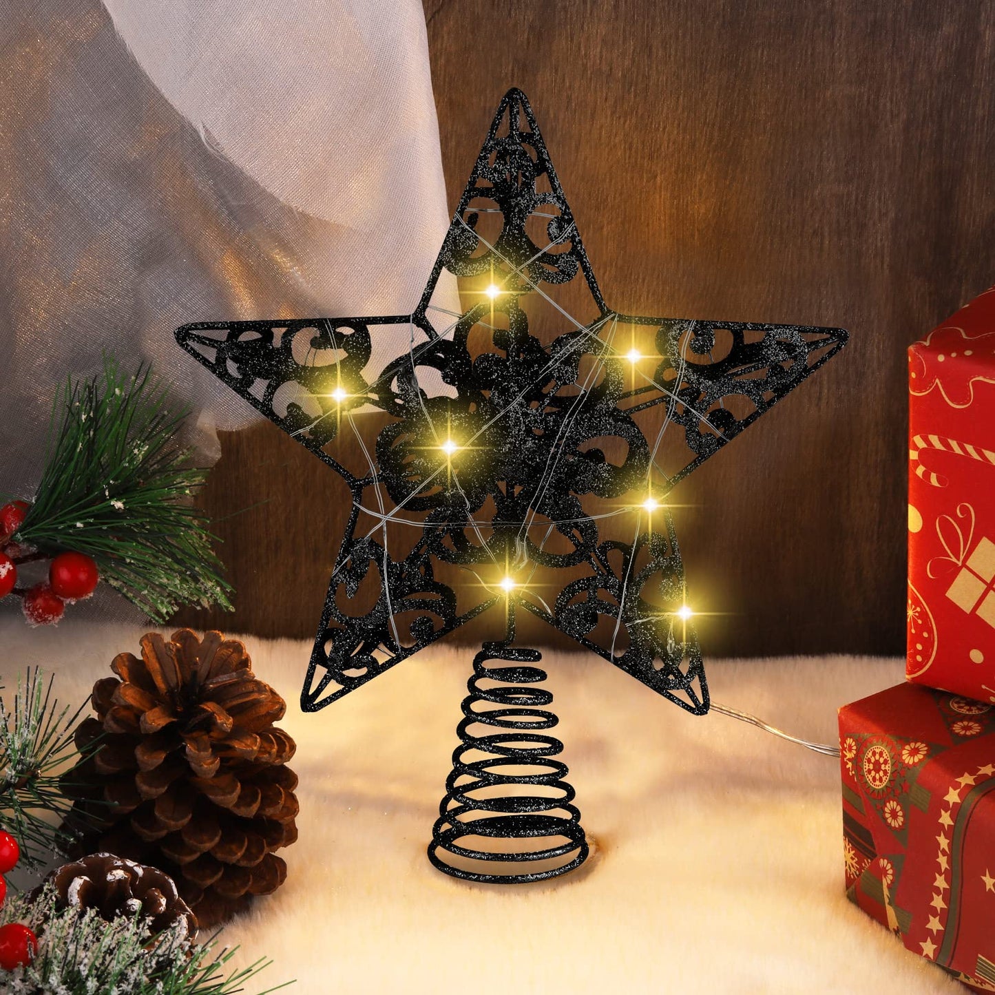 MCEAST Glittered Christmas Tree Topper with LED Lights 10 Inches Light Up Star Treetop for Indoor Outdoor Christmas Tree Decoration, Black