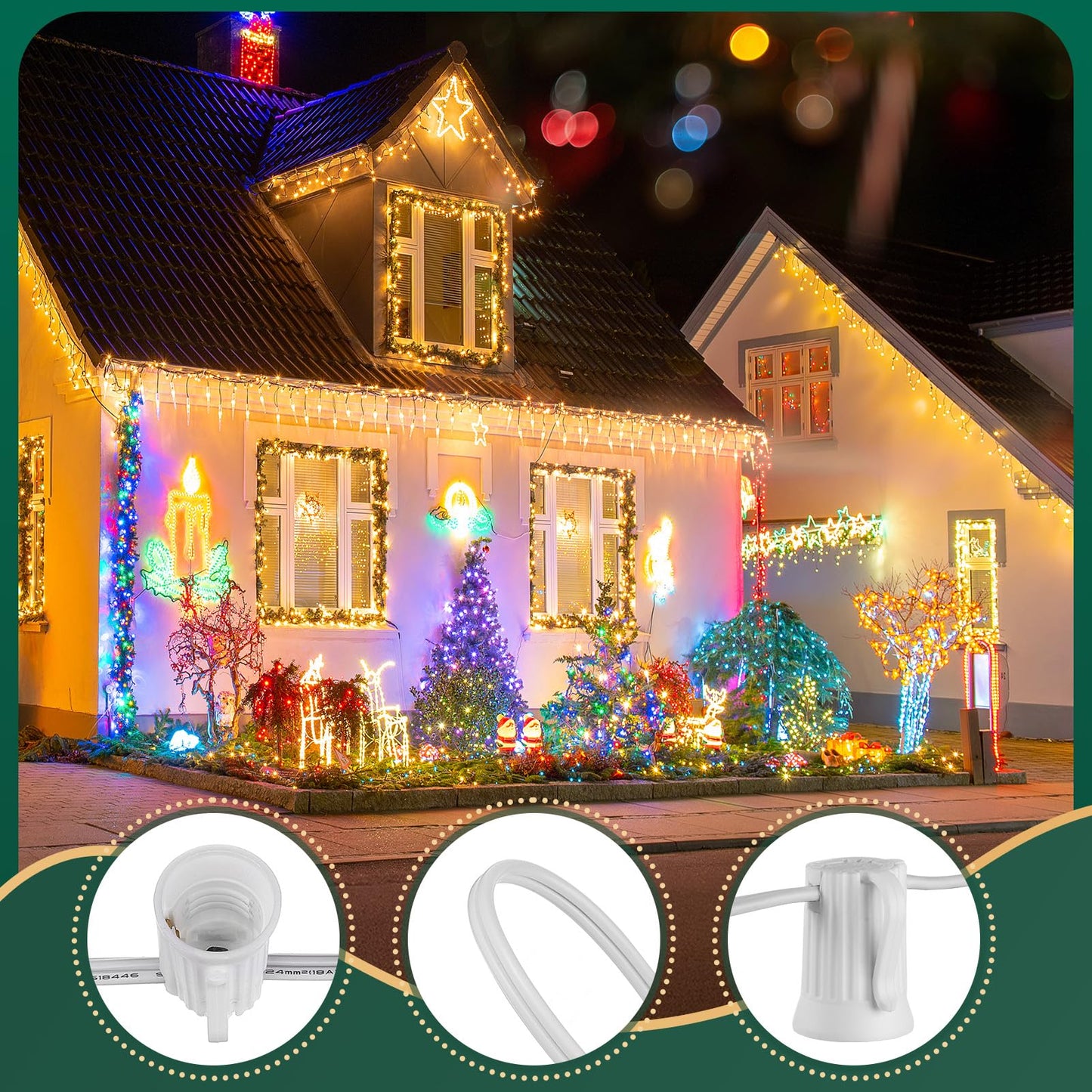 C9 Light Strand, 50 FT Outdoor String Lights Christmas Stringer with 50 Sockets for Christmas Decor Patio, E17 Light Socket, 12 Spacing, White Wire