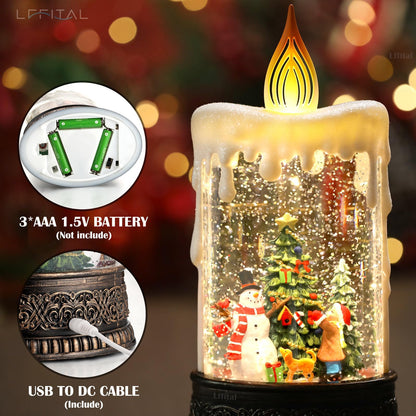 Lffital Snowman Christmas Snow Globe Lantern, Lighted Christmas Decorations for Home Candle Shaped Snow Lantern with Music Timer Glittering, Home Decor Festival Gife, USB & Battery Operated
