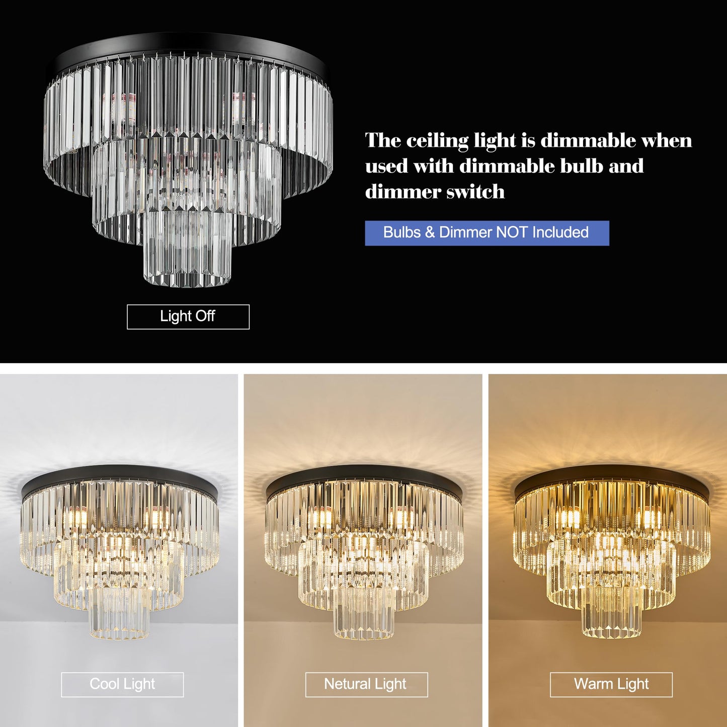 Faibra 21.65" Black Crystal Ceiling Light 10-Light Modern Crystal Ceiling Light Fixture 3-Tier Luxury K9 Crystal Ceiling Light,for Dining Room Kitchen Island Living Room Bedroom