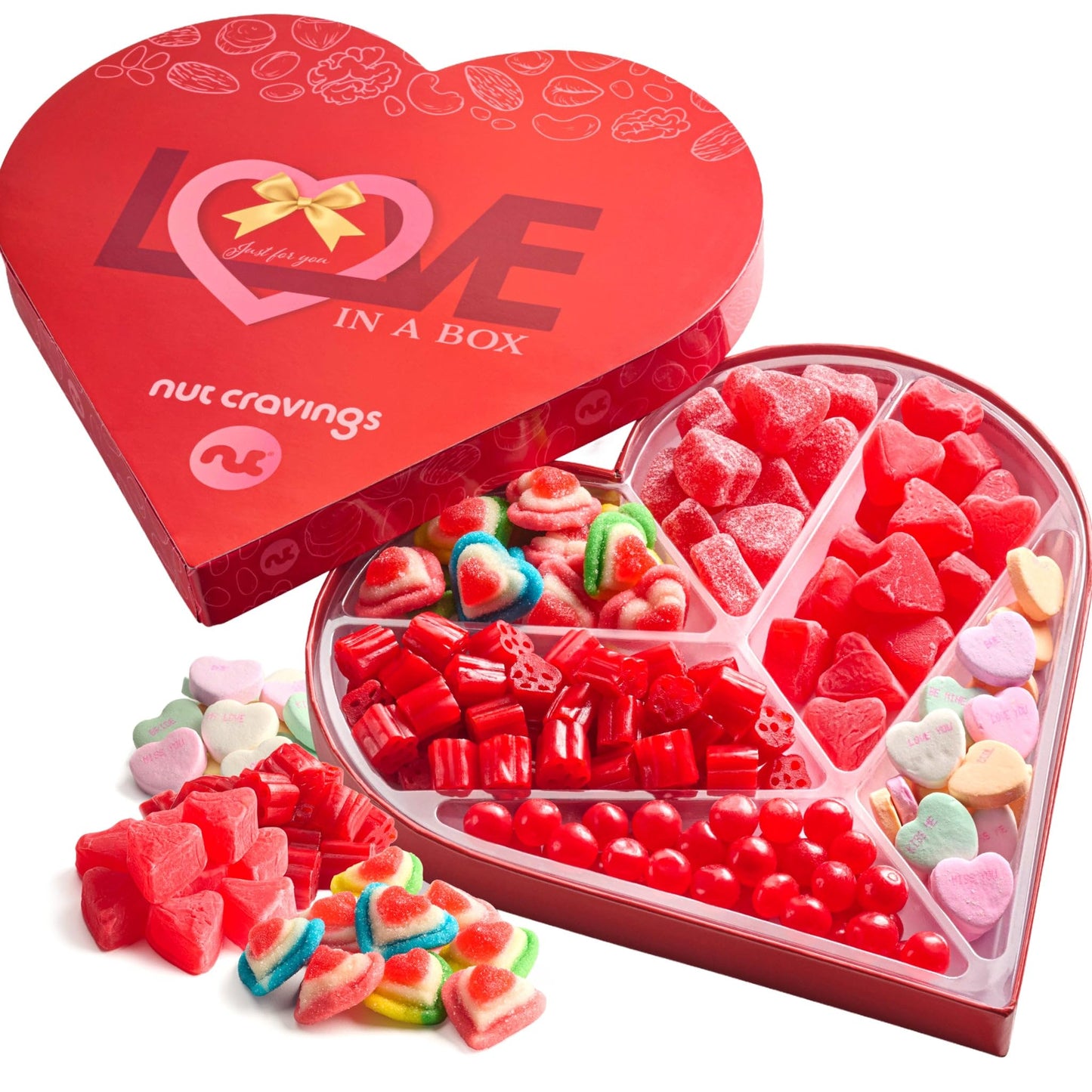 NUT CRAVINGS - Valentines Day Mixed Candy Heart Shaped Gift Basket, Love in A Box (6 Assortments) Romantic Food Arrangement, Healthy Snack Care Package, Food Assortments