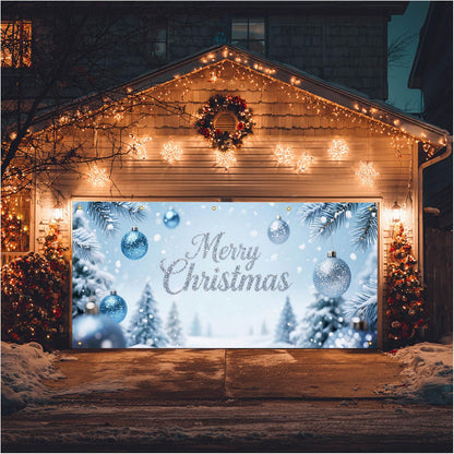 HOMETITUTE Merry Christmas Garage Door Banner 13x6ft Ornaments Snow Trees Theme Backdrop Outdoor Garage Door Cover Winter Scene Display Holiday Yard Decorations for Party Garage Wall Covering