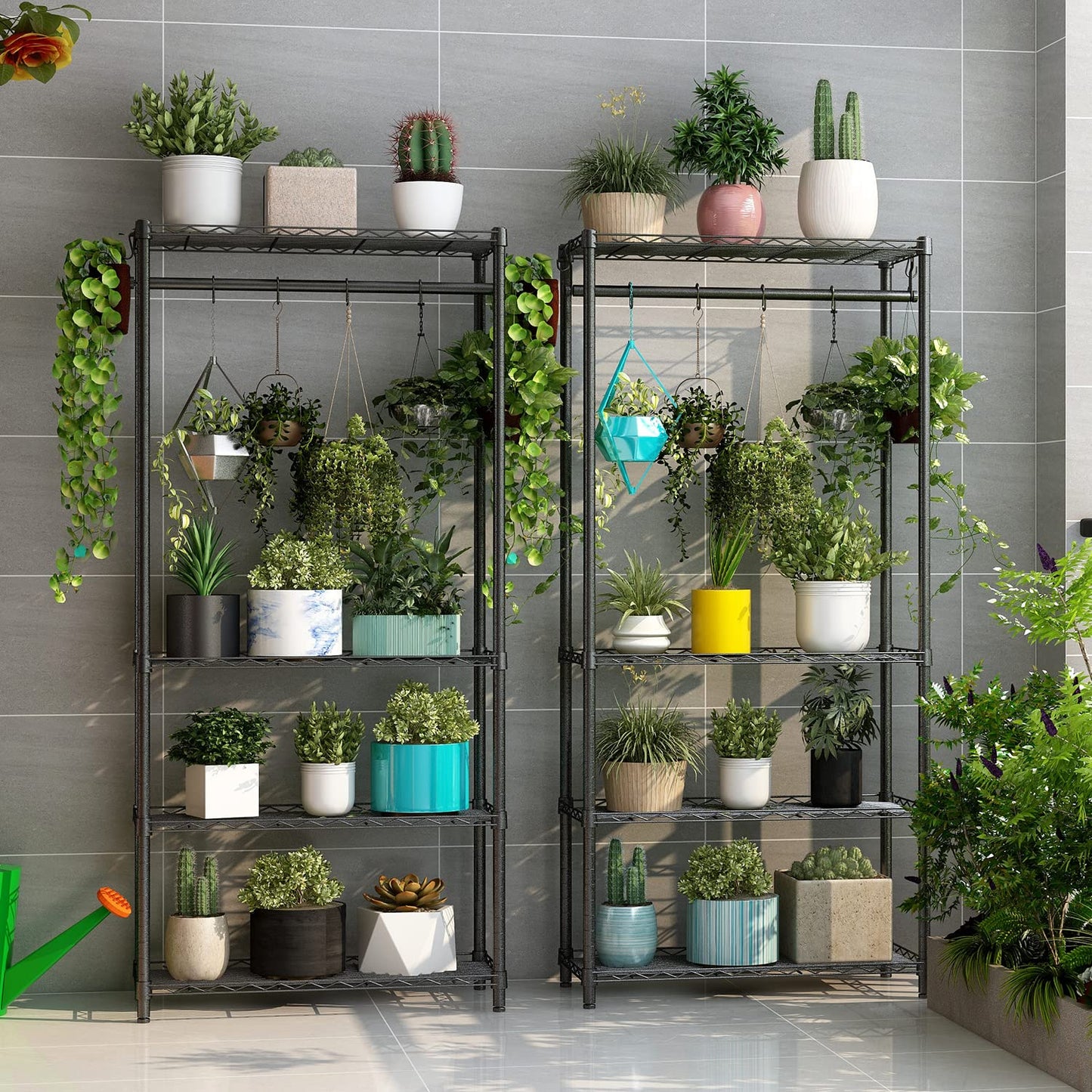 Xiofio Plant Shelf for Indoor Plants Outdoor,Metal Plant Stand,Tier Plant Stand,Adjustable Plant Shelves with Hanging Rod for Bedroom Living Room Balcony Garden,Black