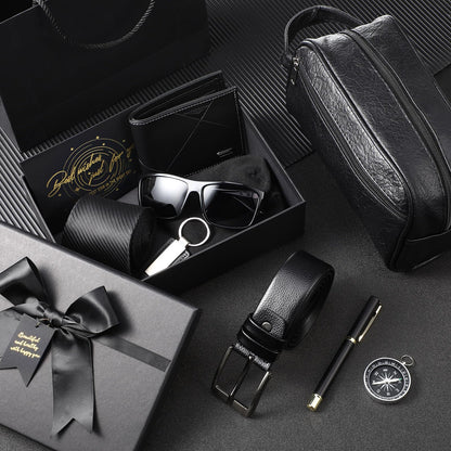 Geyoga 12 Pcs Men Father's Day Birthdays Gift Set with Box for Men Dad Basket PU Leather Wallet Leather Toiletry Bag Tie Socks Belt Keychain Sunglasses Pen Compass Set(Black)