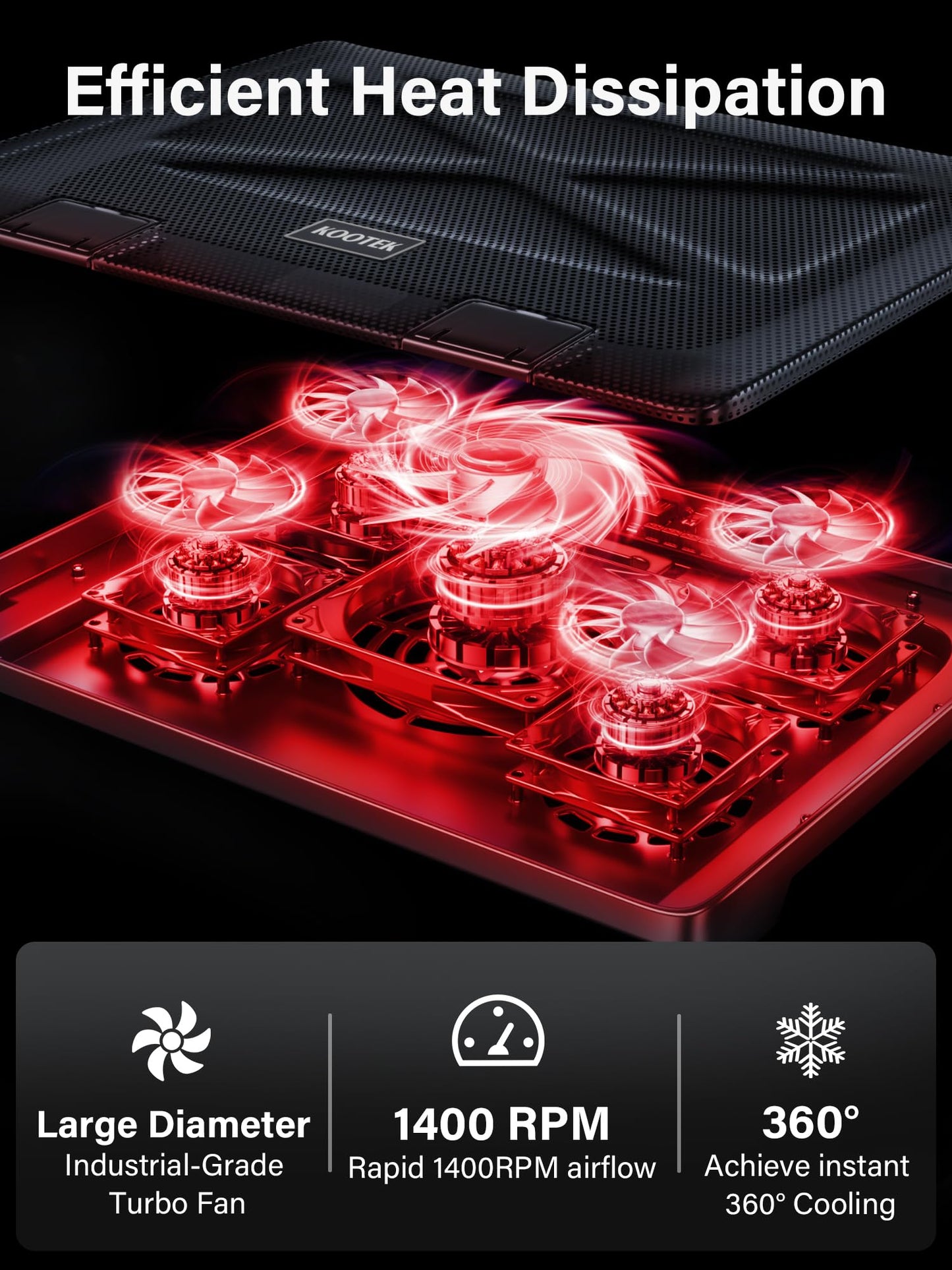 Kootek Laptop Cooling Pad, Laptop Cooler with 5 Quiet Fans for 12"-17" Computer PC Notebook Gaming Laptop Fan, Height Adjustable Laptop Cooling Stand Laptop Accessories, Red