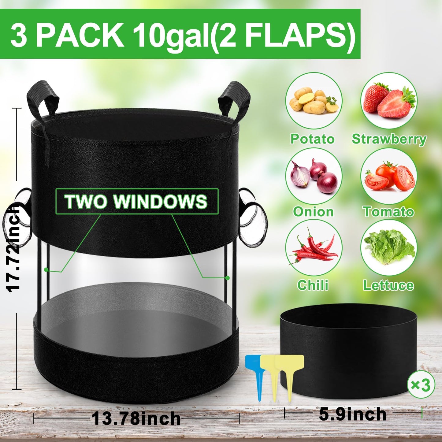 3 Pack 10 Gallon 360°Visible Potato Grow Bags,Heavy Duty Thickened Nonwoven Fabric Planter Bags with 2 Clear Harvest Windows&Removable Shading Cover,Reinforced Handles,Vegetable Grow Bags with Labels