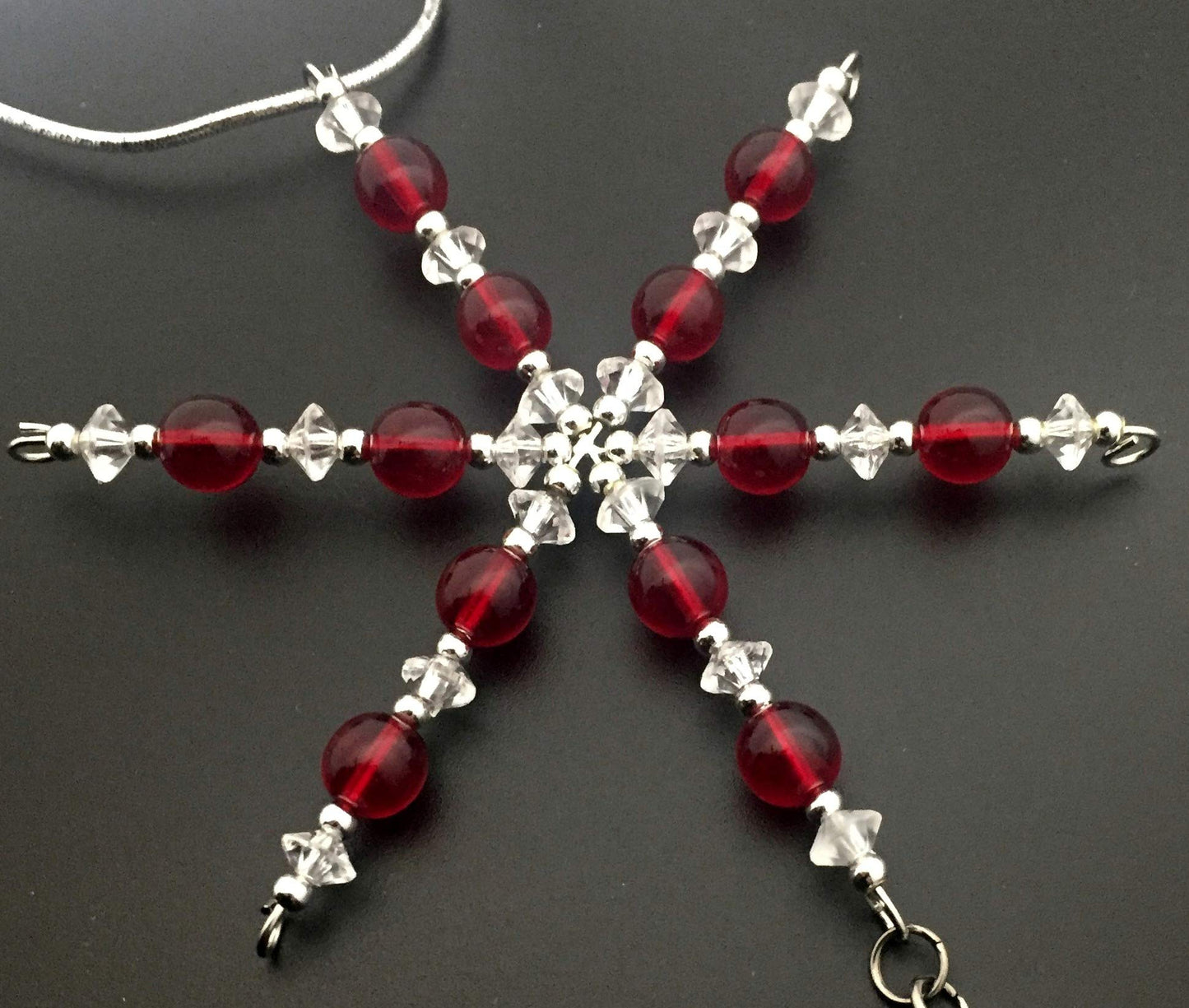 5K Ornament - Beaded Snowflake 5K Christmas Ornament/Gift Tag with Round Pewter 5K Charm with Jewelry Box - Handmade with Red Vintage Beads