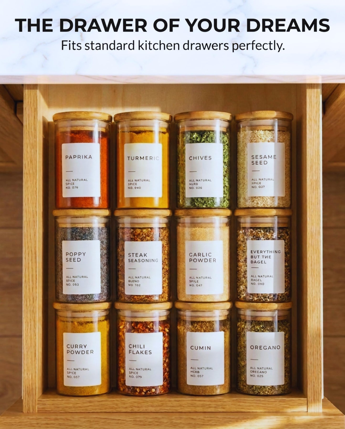 Bloomondo Glass Spice Jars with Label Pack (12x Bamboo Lid Glass Jar) Small 6oz Empty Spice Storage Bottles with 112 Printed Stickers and 48 Writable Pantry Labels for Seasoning Containers
