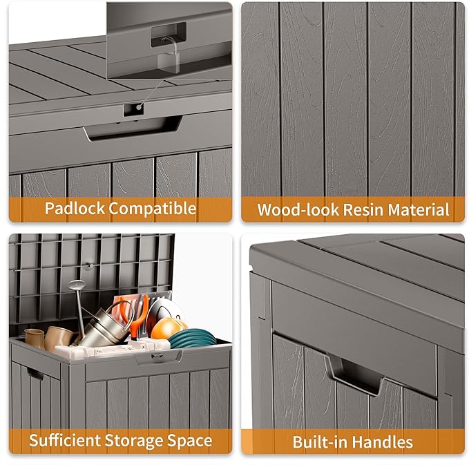 30 Gallon Outdoor Storage Box, Large Resin Deck Box for Patio Cushions, Garden Tools, Pool Accessories, Waterproof and Lockable Design, Storage Bench for Backyard & Deck(Gray)