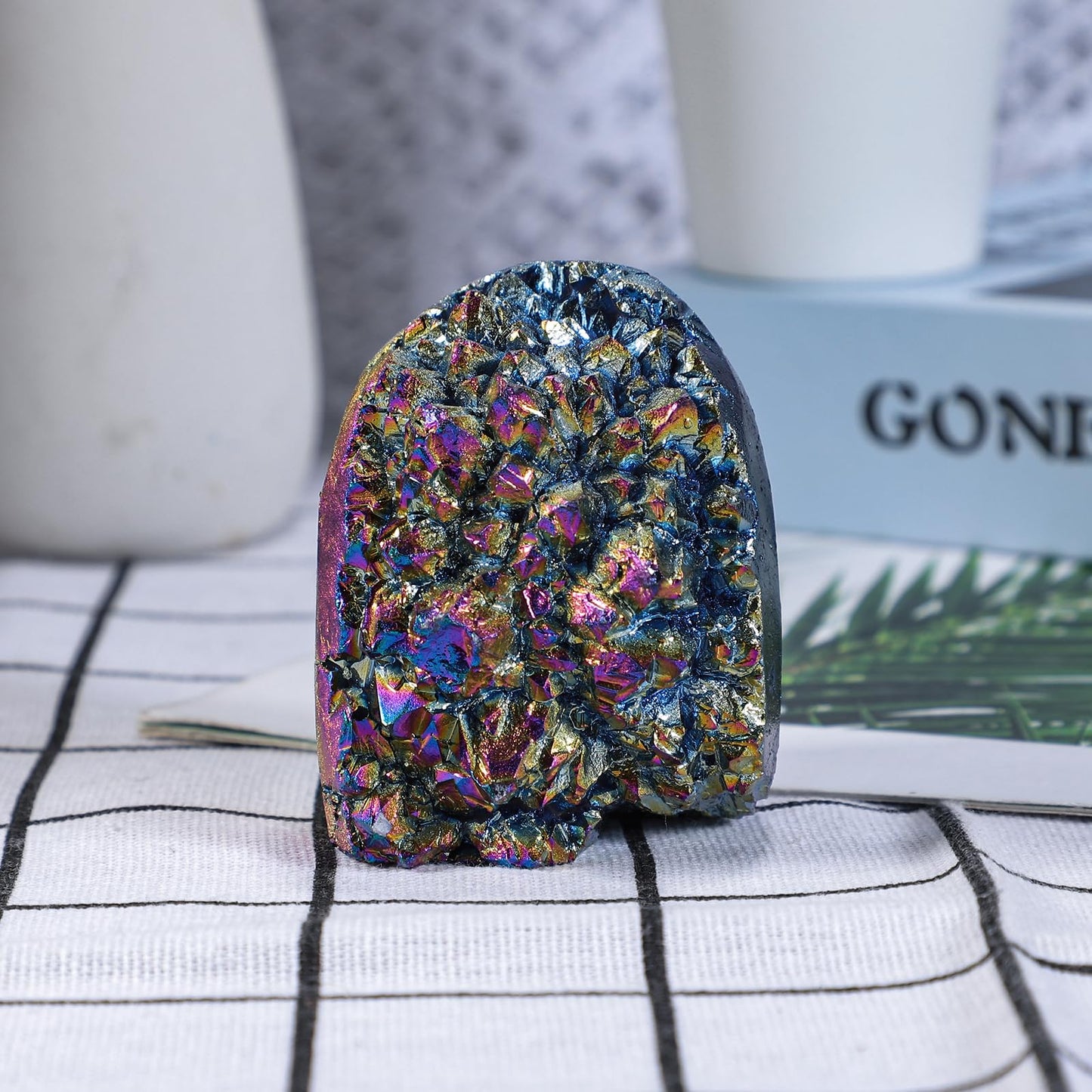 TUMBEELLUWA Angel Aura Quartz Crystal Cluster Geode, Rainbow Titanium Coated Crystals and Healing Stones for Home Decor, Meditation & Spiritual Growth