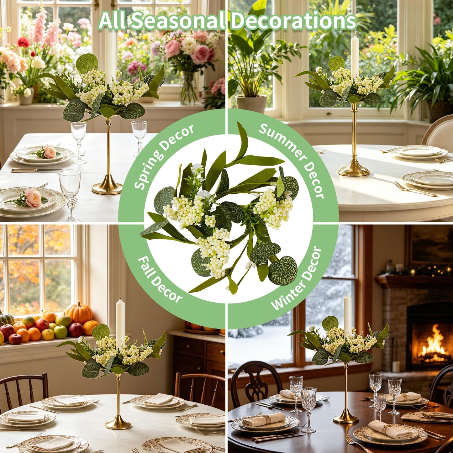 4 PCS Eucalyptus Taper Candle Rings Wreaths White Berry 1.38" Mini Spring Summer Floral Candle Holder Green Artificial Flower Wreaths for Home Wedding Church Table Centerpieces Decor