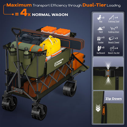 400L Double Decker Wagon Collapsible with 54" L Tailgate, 560lbs Heavy Duty Wagons Carts Foldable, Extra Large Folding Beach Wagon with Big All-Terrain Wheels for Camping, Sports, Groceries, Green