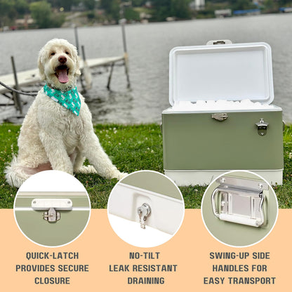 FSE Hard-Sided 54 Qt Metal Cooler, 80 Can Vintage Ice Chest, Durable Two-Tone Design with Latch Lid, Built-in Bottle Opener, Plastic Liner & Side Handles, Green/Cream