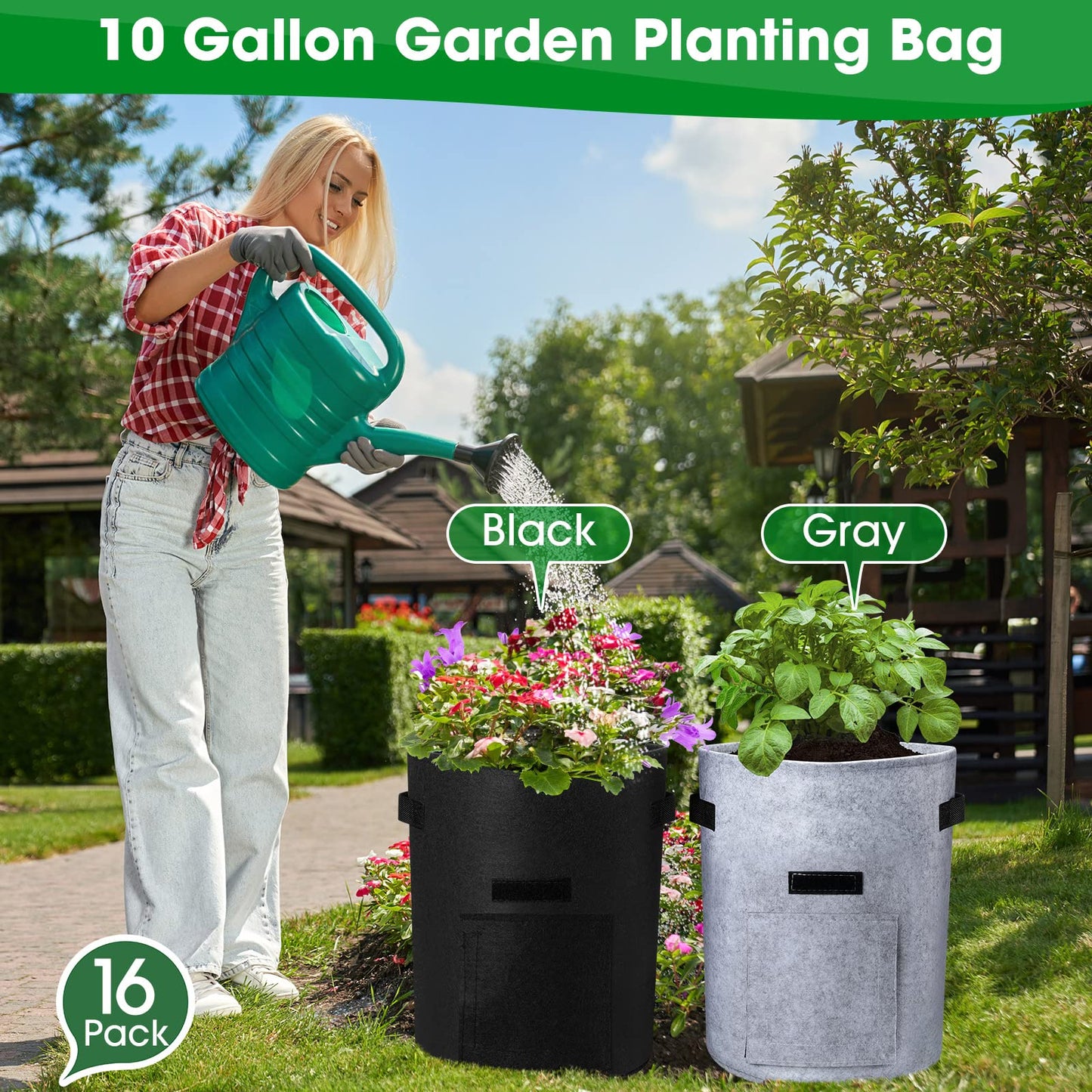16 Pack Potato Grow Bags 10 Gallon Garden Planting Bag Garden Potato Grow Bags with Flap Vegetable Grow Bags Potato Growing Containers with Handles and Harvest Window for Potato Tomato and Vegetables