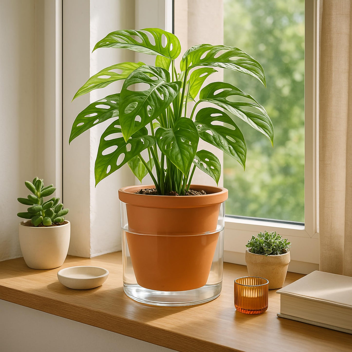 D'vine Dev 6 Inch Design Self Watering Pot for Indoor Plants, Terracotta Planter with Cylinder Glass Cup, Set of 2, 37-Y-B-1