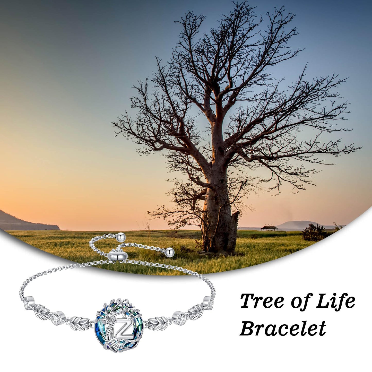 TOUPOP Tree of Life Initial Bracelet Sterling Silver Initials Z Letter Link Bracelets Blue Circle Crystal Family Tree Birthday Mothers Day Jewelry Gifts for Women Mom Wife