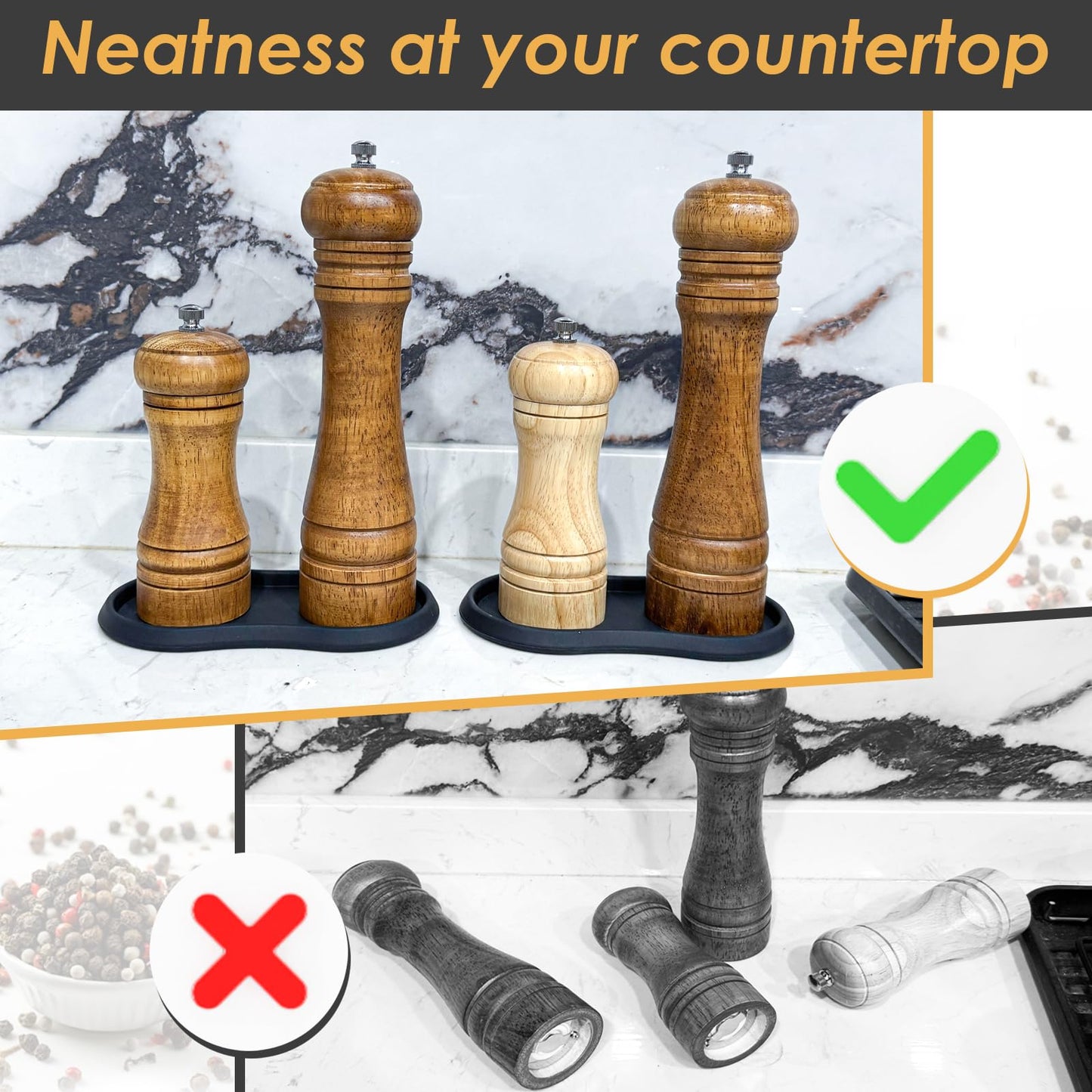 Koluti Salt and Pepper Mill Silicone Tray Set of 2, Kitchen Pepper Grinder Rest Seasoning Bottle Holder for Counter, Dining Table Protector and Rustic Small Board Decorative Serving Platter, Black