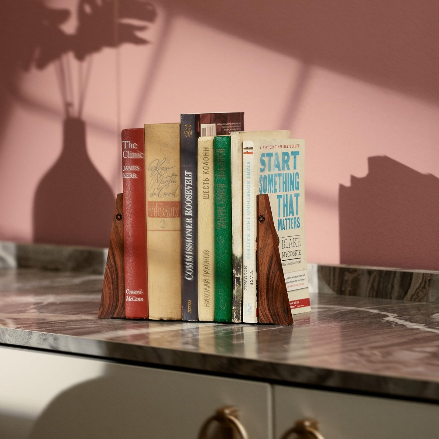 TILISMA Walnut Bookends for Shelves | Wooden Book Ends for Shelves | Sturdy Book Holders, Stoppers with Metal Base for Bookshelves | Slick Decorative Bookends Stands Firmly on Bookshelf (Pair)