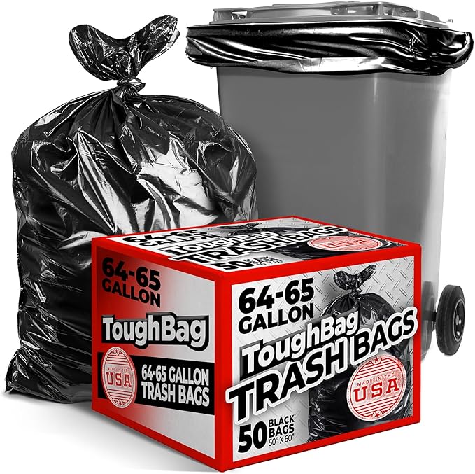 ToughBag 64-65 Gallon Trash Bags Heavy Duty, 50 x 48” Large Black Garbage Bags