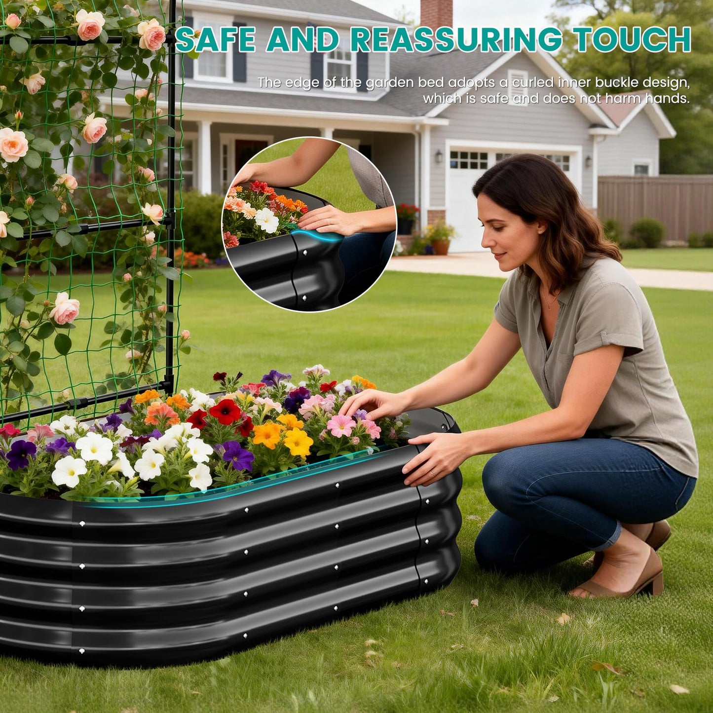 SUNYRISY Galvanized Raised Garden Bed with 87" H Arch Trellis for Climbing Plants Outdoor, Metal Planter Box with Netting for Gardening Flowers Vegetables Fruit Herb, Black