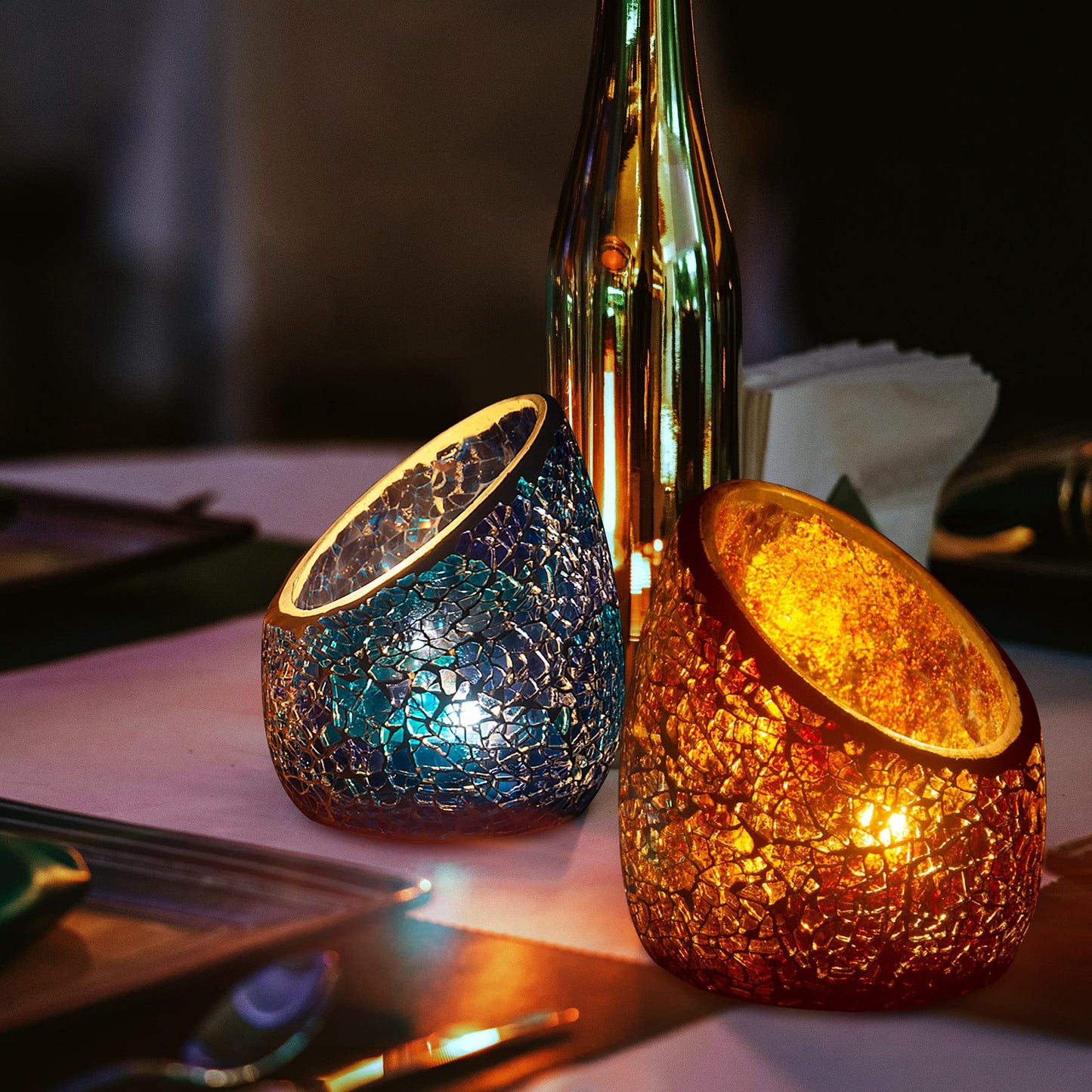 Votive Candle Holder Set, 2 Pc Mosaic Glass Tealight Candle Holder Handmade Romantic Slanted Crystal Centerpiece Candlescape for Valentine's Day