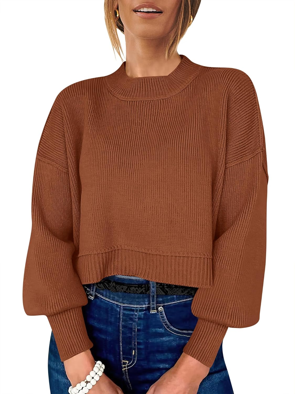 ANRABESS Womens Cropped Sweaters Oversized Crewneck Long Batwing Sleeve Side Slit Ribbed Knit Pullover Tops 2025 Fall Clothes