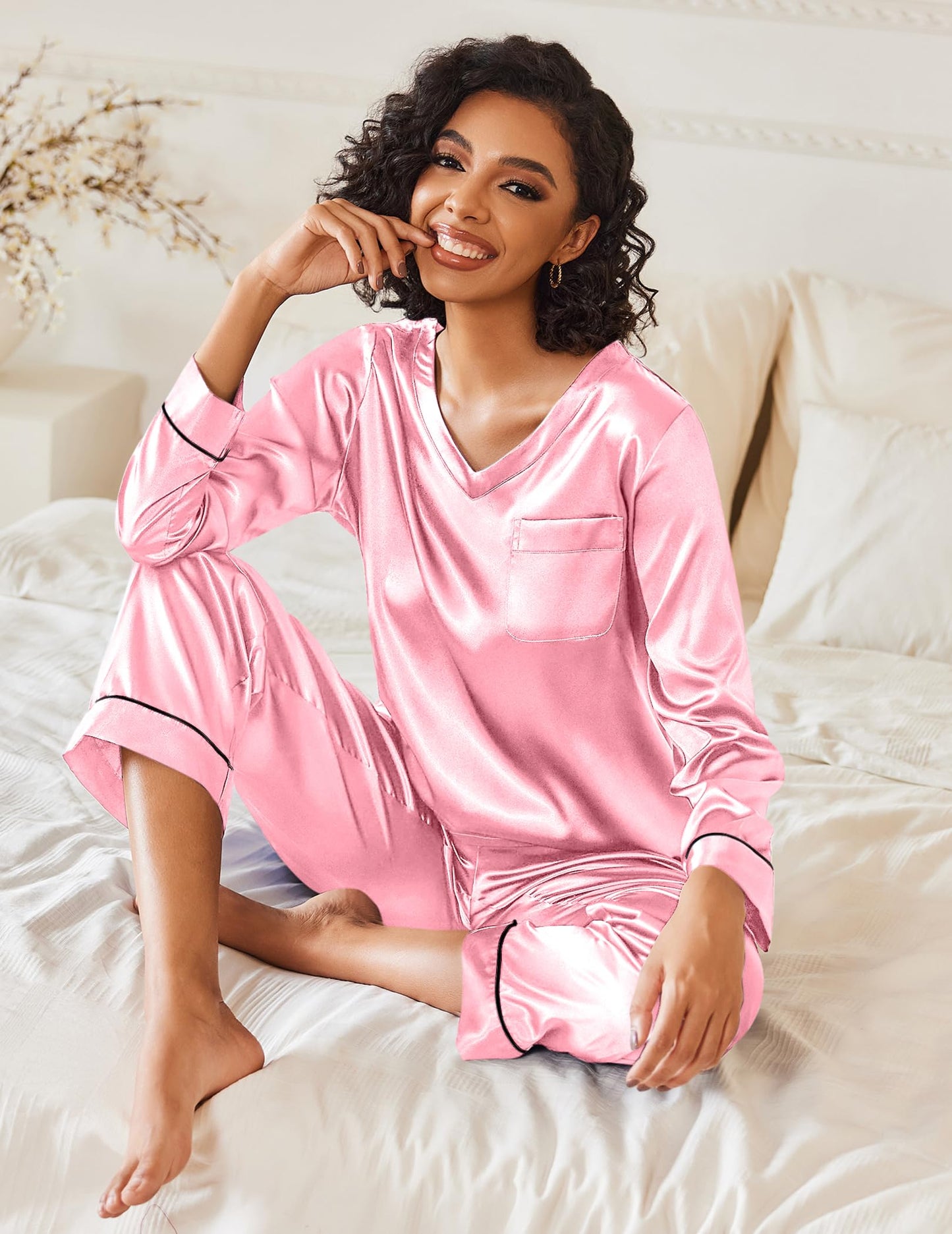 Ekouaer Silk Pajama for Women Long Sleeve Satin Pj Set Two Piece Soft Sleepwear Loungewear S-XXL