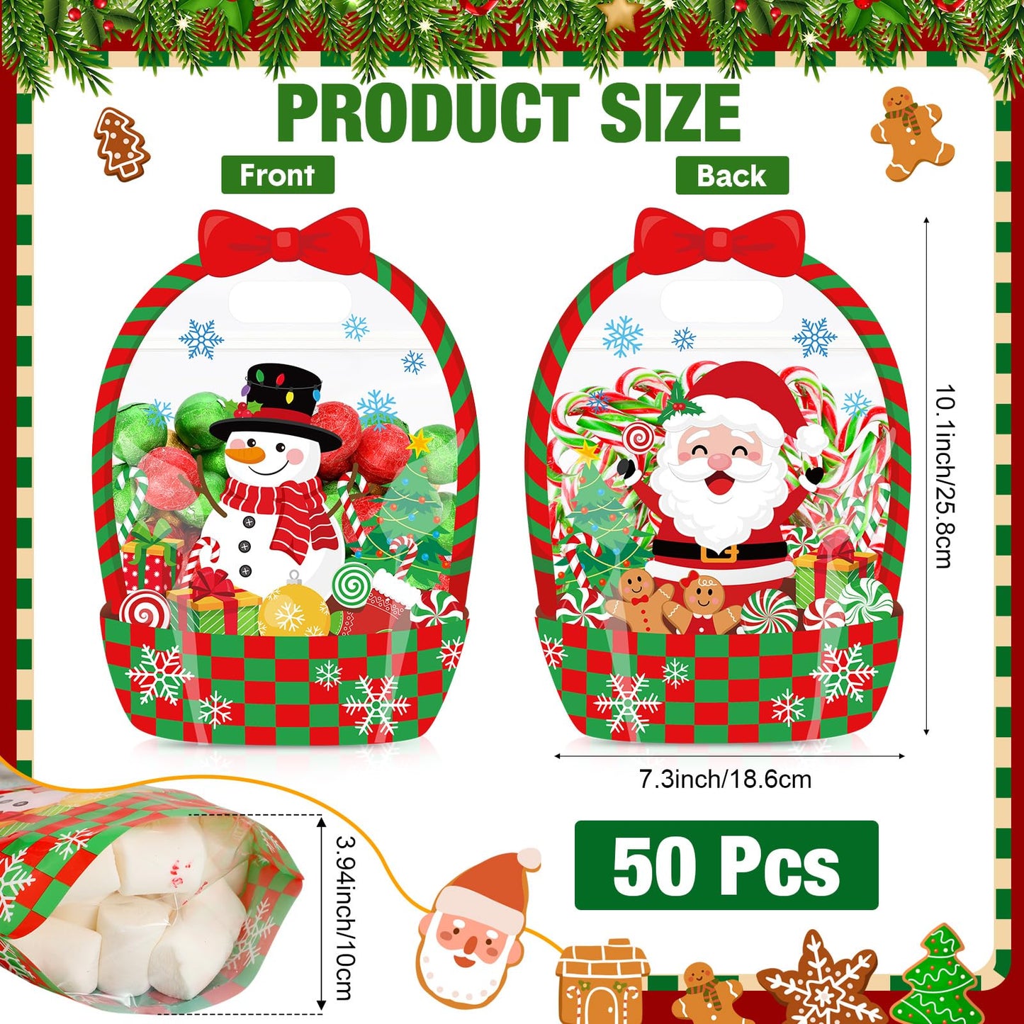 Fuutreo 50 Pcs Christmas Gift Bags Transparent Santa Sealing Pouches with Handles Resealable Merry Christmas Plastic Favor Bags for Holiday Party Candy Gift Wrapping Supplies Decoration(Xmas)