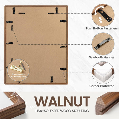 11x14 Picture Frame, USA-Sourced Natural Walnut Wood Photo Frame with Tempered Glass, Handcrafted Rounded Corner 11 x 14 Wooden Frame Matted to 8x10 Photos, Wall or Tabletop Display