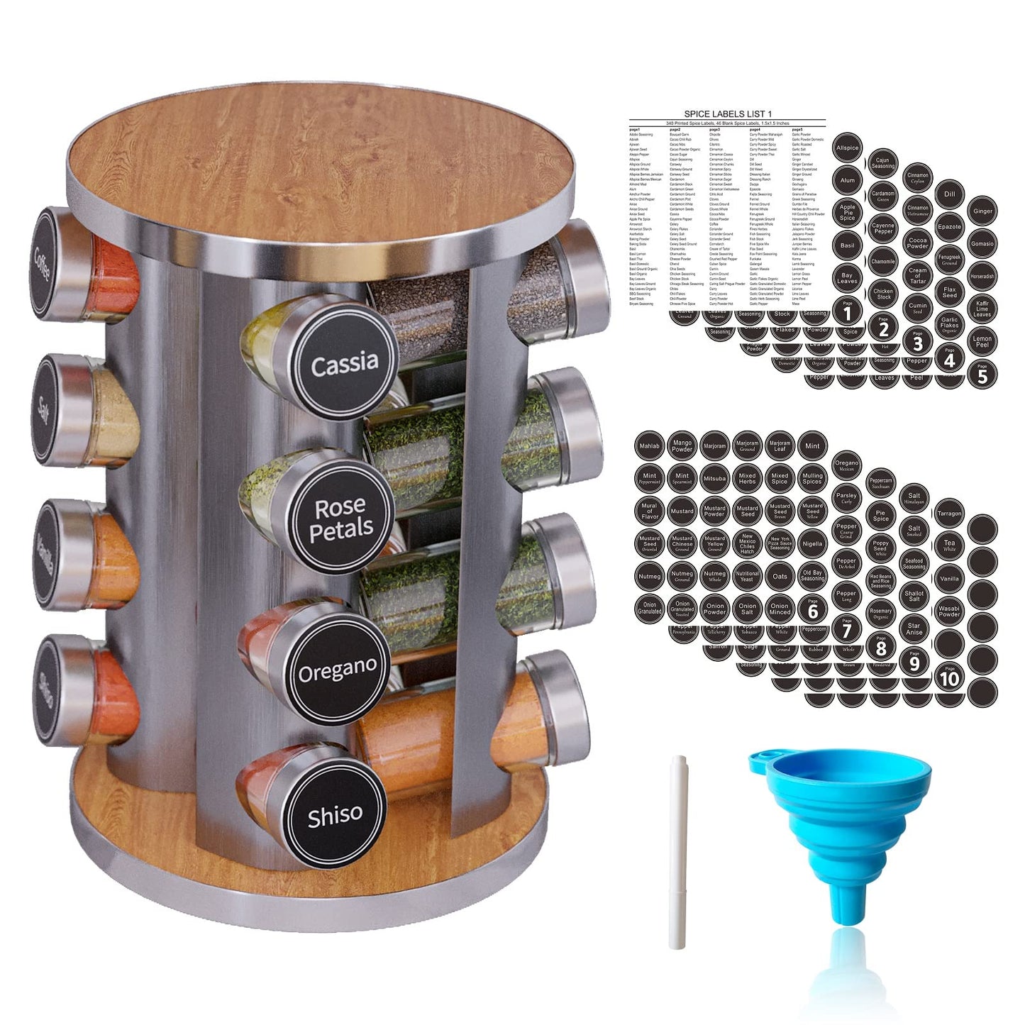 Revolving Spice Rack Set with 20 Spice Jars, Kitchen Spice Tower Organizer for Countertop or Cabinet -- Carousel Storage Includes 386 Spice Labels -- Desktop Rotating Seasoning Organizer