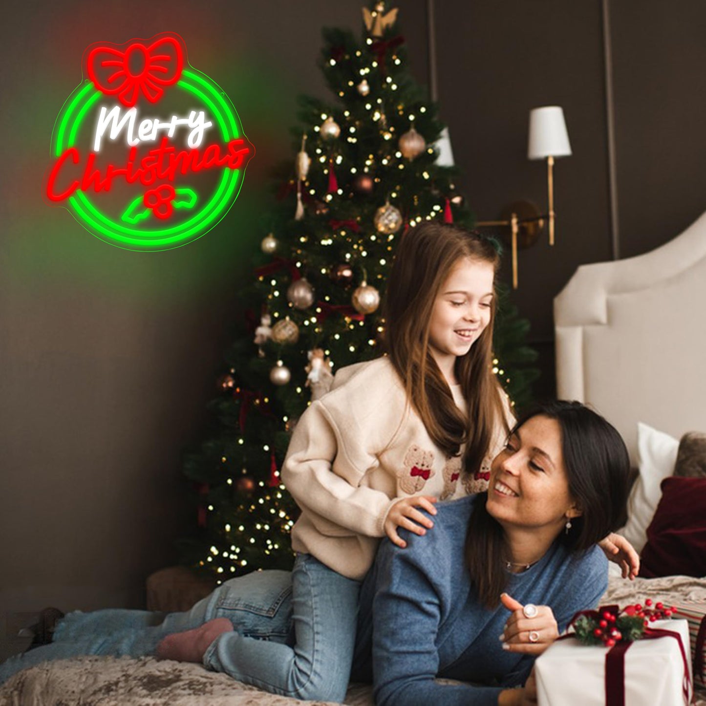 AEHEMNGZ Merry Christmas Neon Sign Elegant Led Bow Sign Neon Light for Wall Decor Christmas Dining Room Modern Home Decor（13.39 * 12.6 In）