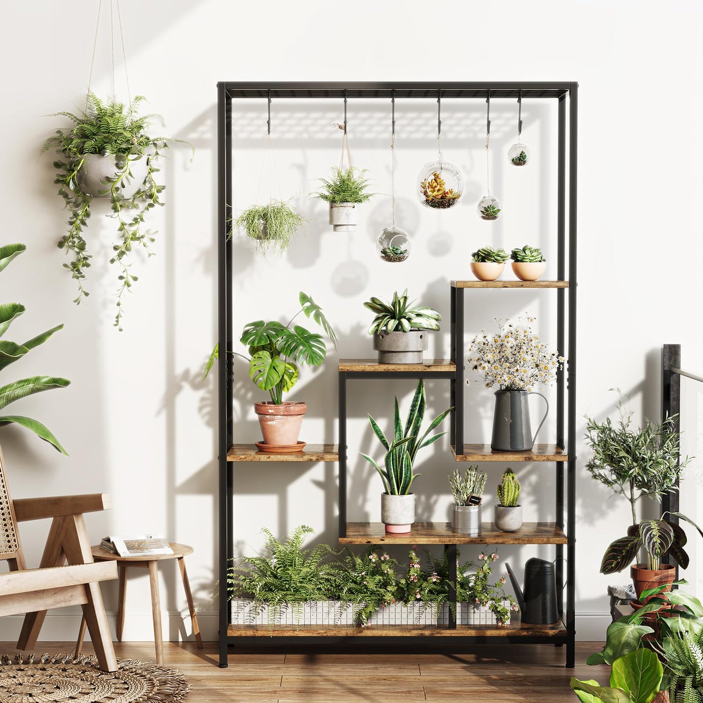 Indoor Plant Stand 5-Tier Tall 70.9", Large Metal Plant Shelf with Hanging Hooks, Multi-Purpose Display Rack, Flower Bonsai Pots Organizer for Garden, Balcony, Living Room, Brown