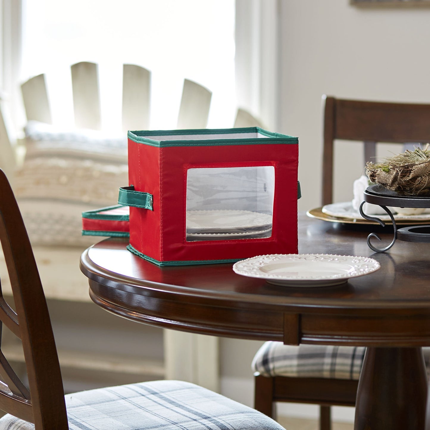 Household Essentials Holiday China Plate Storage Box, Salad Plate Storage, Windowed Panel, Stackable and Foldable Frame, Handles and Fully Removable Lid, Red with Green Trim