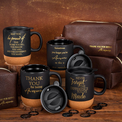 DERTE 12 Pcs Thank You Gift for Men Male Teacher Coworker Employee Appreciation Gift 15 oz Coffee Cup Leather Toiletry Bag Inspirational Keychain Set for Boss Staff Dad Fathers Day Husband Friends
