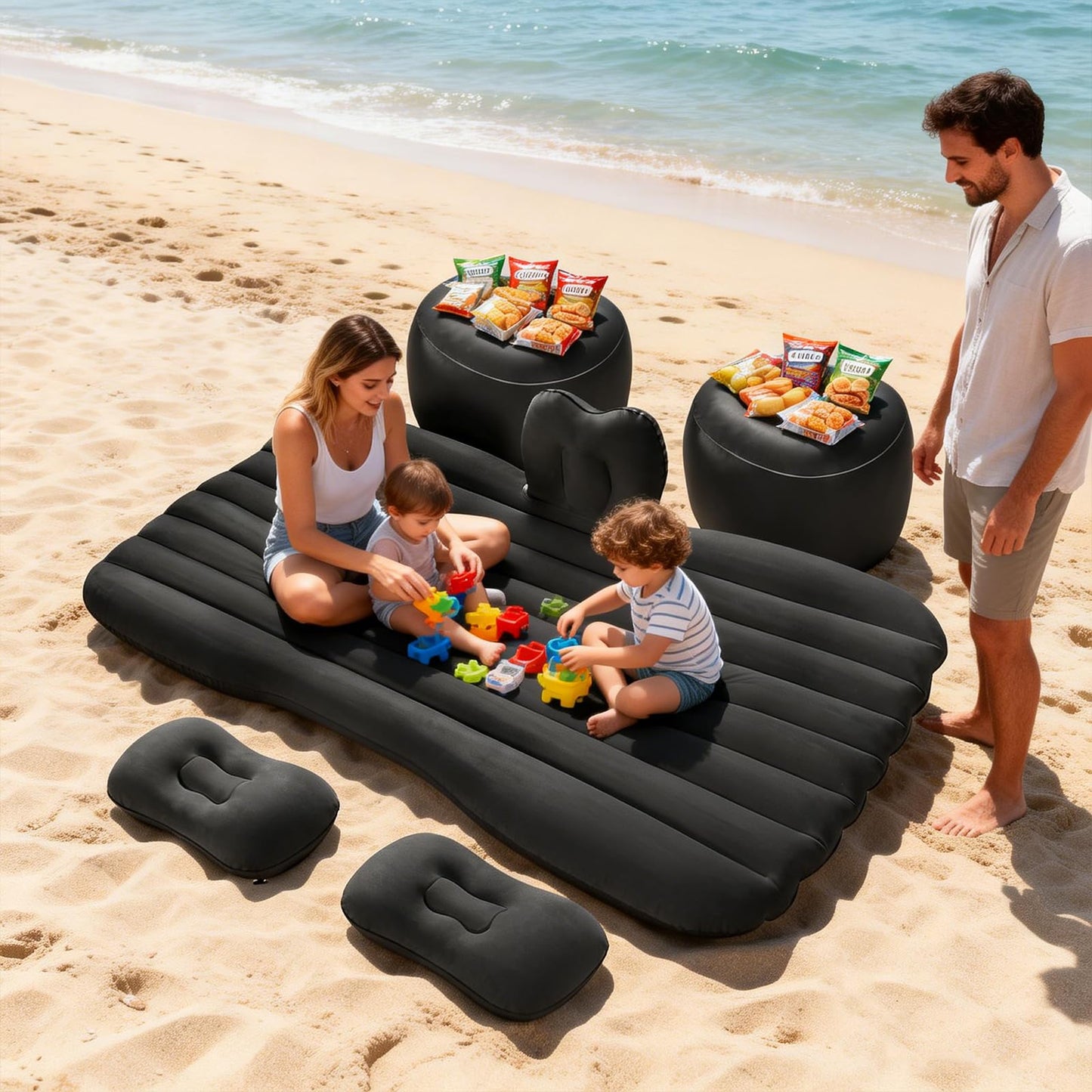 BEBAS Car Air Mattress, Thickened Inflatable Car Bed with Safety Side Wedge, Built-in Air Pump & 4 Pillows – Portable Foldable Back Seat Sleeping Pad for SUVs, Sedans, Travel & Camping | Black