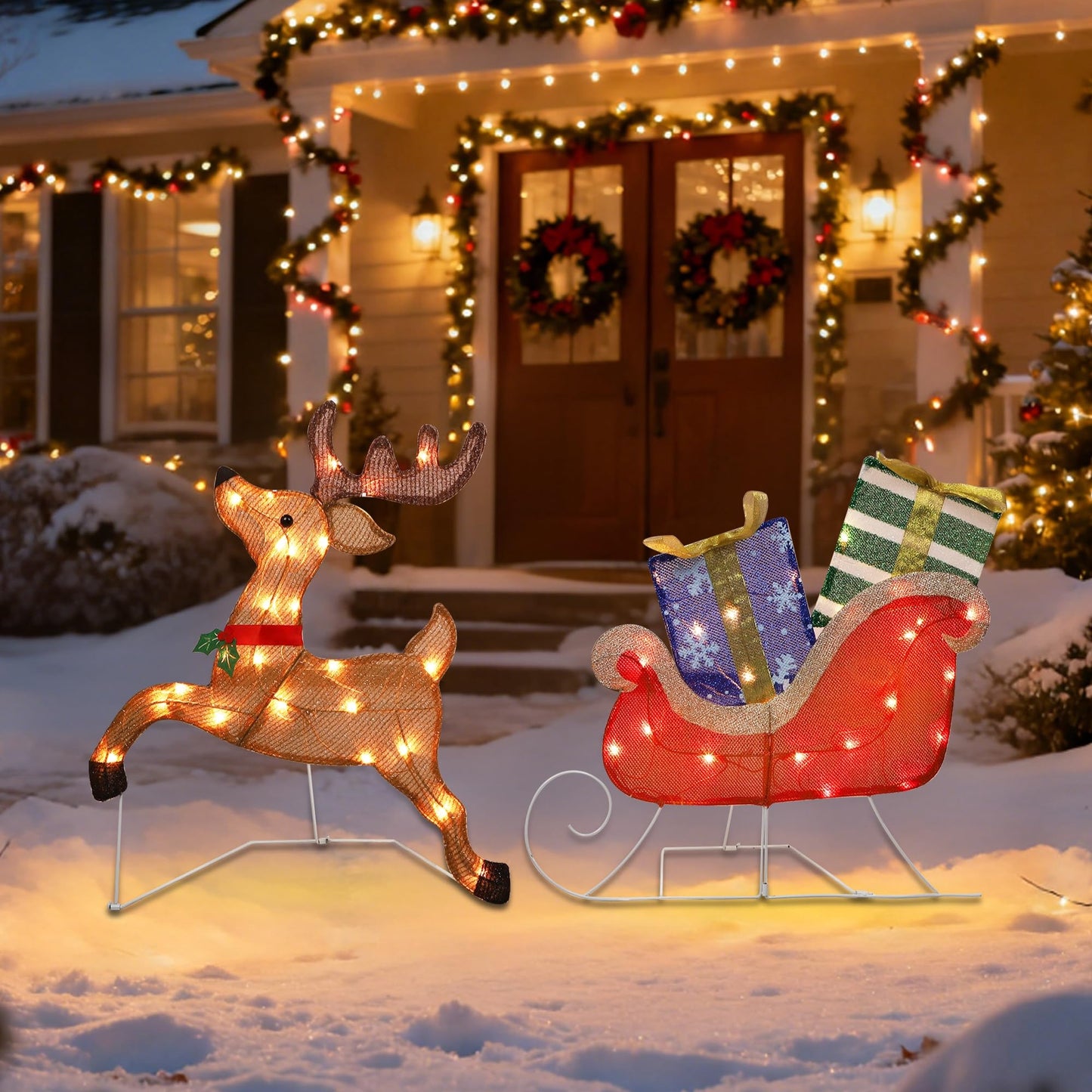 Prsildan Christmas Lighted Decoration 25" x 44" Reindeer, 50 Lights Christmas Reindeer with Sleigh & Gift Boxes, Light up Decorations for Indoor Outdoor Home Kitchen Yard Garden Holiday Party