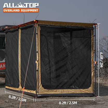 ALL-TOP Awning Room with Floor 8.2' x 8.2' Rip-Stop 210D Oxford Awning Tent with Bug-Resistance Mesh, Waterproof Sun Shelter for Overland, Camping(Black Coating, Room Only)