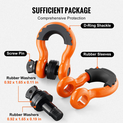 VEVOR 3/4" D Ring Shackle, Orange Shackles for Truck with 7/8” Screw Pin 62832 lbs(28.5 Ton) Break Strength Black Isolator Washers Kit, Winch Towing Shackle for Truck Jeep Heavy Duty Off Road Recovery
