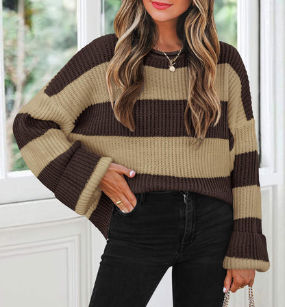 ZESICA Women's 2025 Fall Long Sleeve Oversized Striped Color Block Comfy Loose Crew Neck Knitted Pullover Sweater