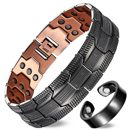 Fashtour 3X Copper Bracelet for Men Triple Ultra Strength Magnets, Masculine Design Pure Copper Magnetic Bracelet, Adjustable Length with Sizing Tool (Black2)