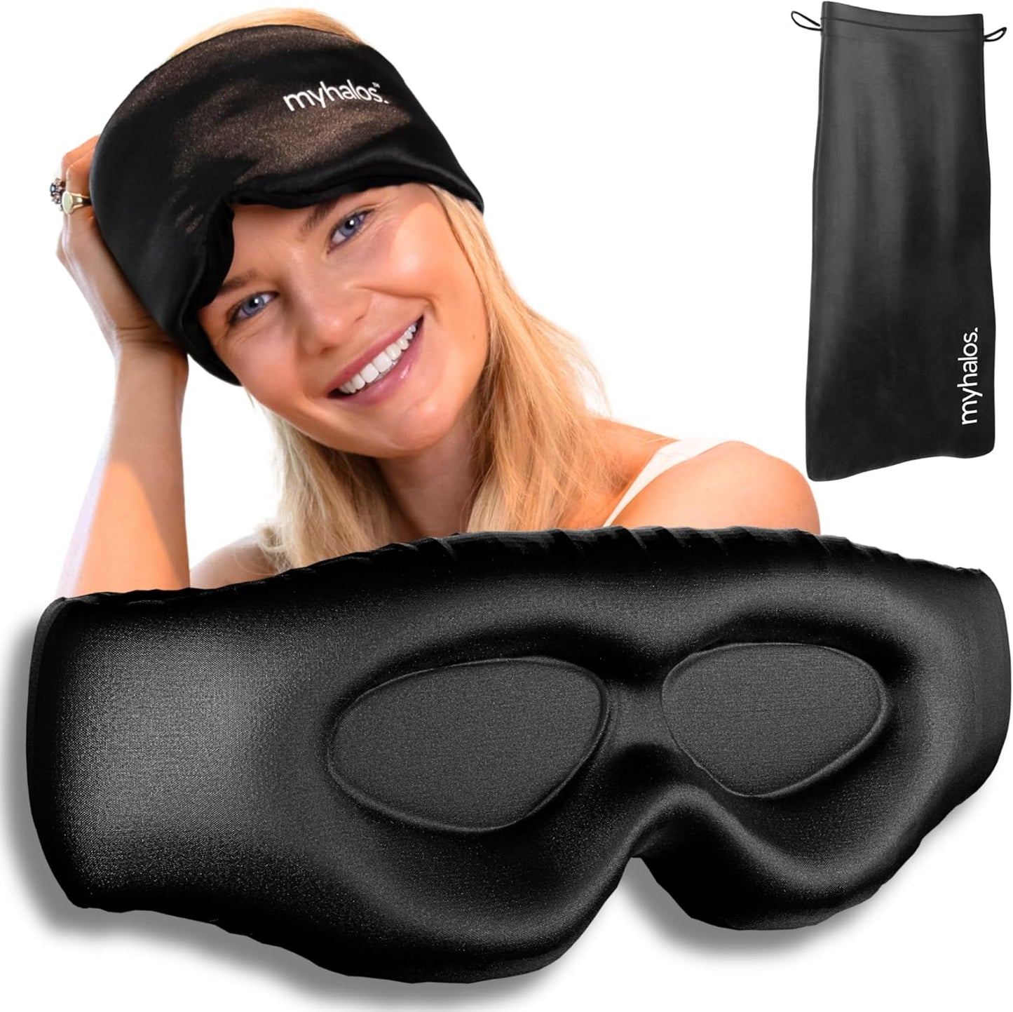 MyHalos 3D Mulberry Silk Sleep Mask for Women & Men with Cups, Blackout - Silk Eye Masks for Sleep Anywhere, Travel, Night, Face, Side - Eye Cover, Sleeping Mask, Eyemask, Sleepmask, Black