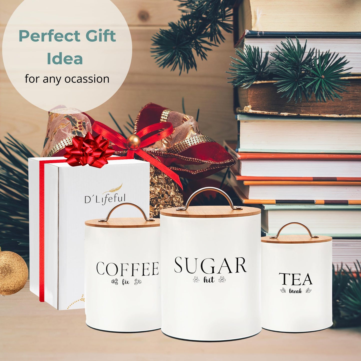 D'Lifeful Tea Coffee Sugar Canister Set - 3pc Airtight Canister Sets for Kitchen Counter - Farmhouse Containers for the Kitchen - Decorative Countertop storage with Airtight Lid for Freshness - White