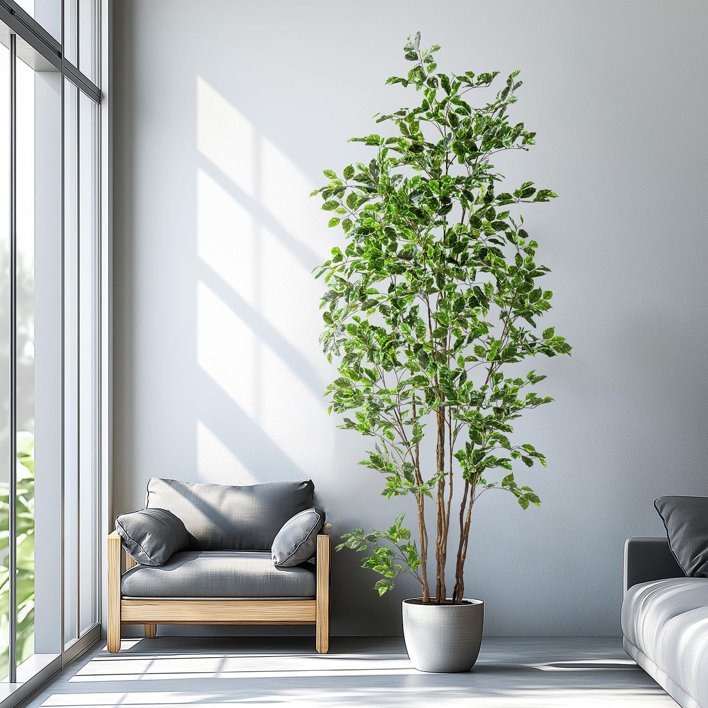 Bailikang Artificial Ficus Tree Indoor 8ft, Large Potted Faux Tree with Realistic Silk Leaves & Trunk for Home Office, Living Room Corner Decor