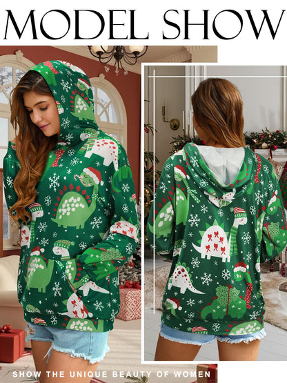 RMCMS Women Dinosaur Funny Hoodie Sweatshirt Pocket Lightweight Cute Dinosaur Graphic Long Sleeve Dino Hoodied Pullover Top