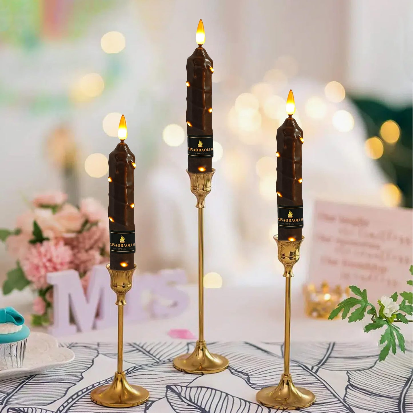 6.5 Inch Brown Flameless Taper Candles - 4 Pack Handmade Real Wax LED String Surface Candles with 10 Key Remote Timer Battery Operated LED Taper Candle for Thanksgiving Christmas Holiday Decor