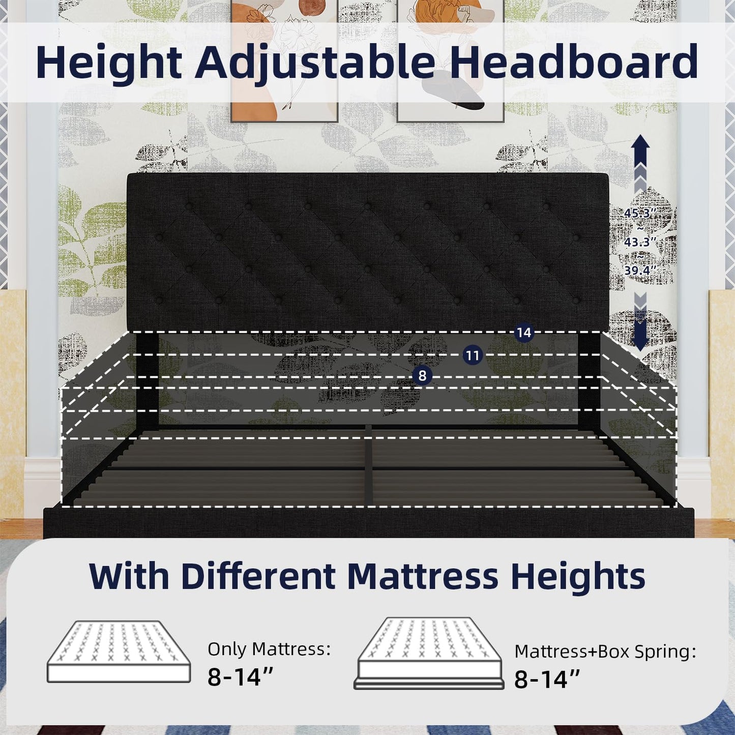 BarnFurin Full Bed Frame, Upholstered Platform Bed with Button Tufted Headboard, Fabric Bed Frame with Wooden Slats Support, No Box Spring Required, Easy Assembly, Black
