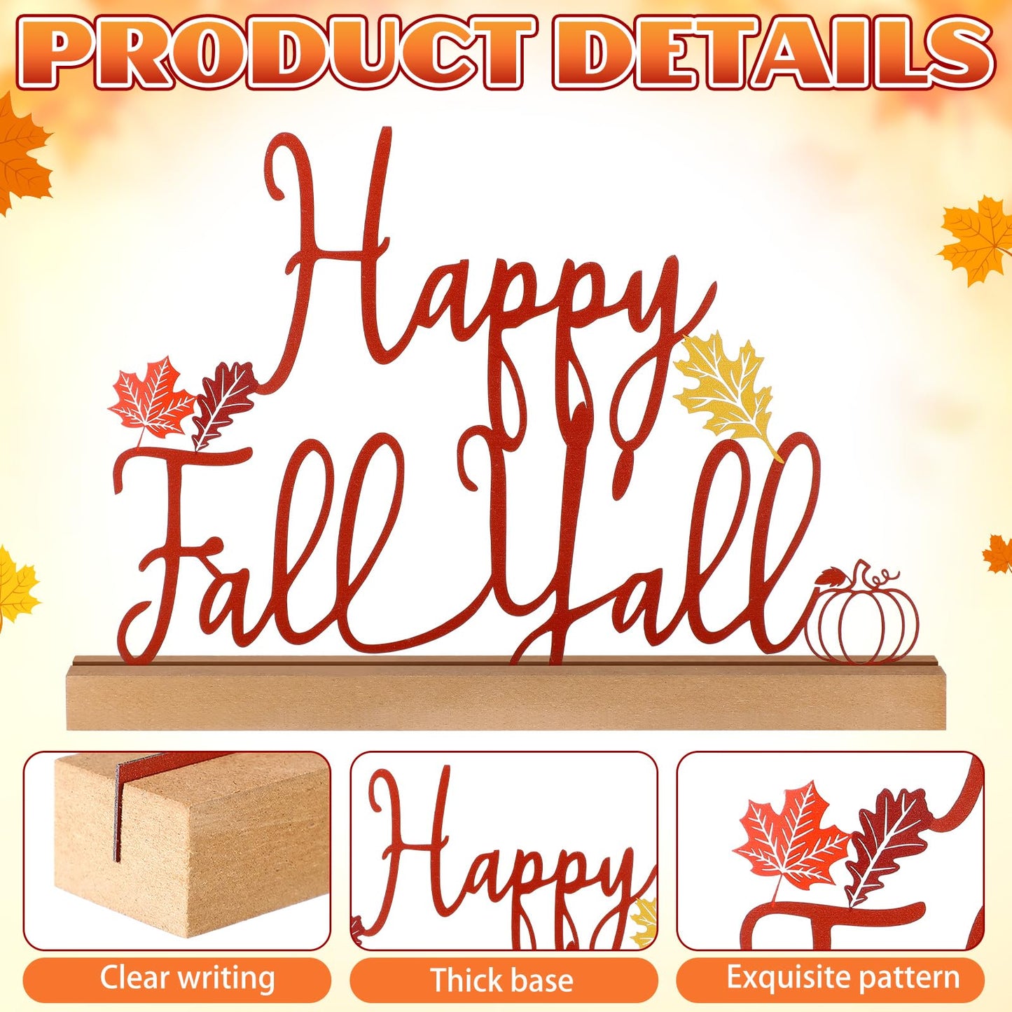 Yaocom 13.78 Inch Thanksgiving Fall Table Sign Happy Fall Y'all Metal Letter Decor Autumn Freestanding Tabletop Decoration with Wood Base Cutout Word Sign for Home Centerpiece Mantel Shelf Fireplace