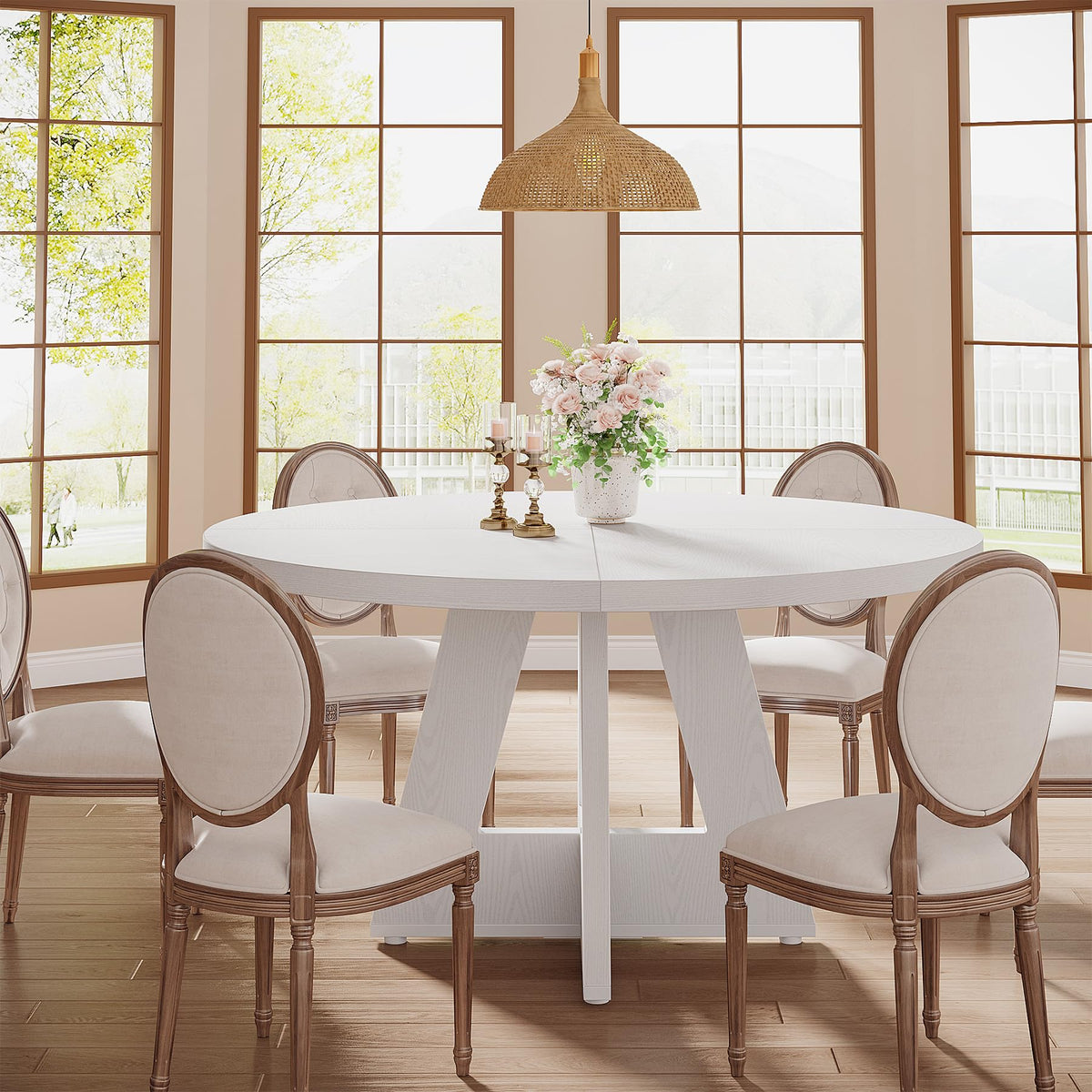 Tribesigns 47 inch Round Dining Table Wood Kitchen Table for Dining Room, 47" Dinner Room Tables for 4-6, Farmhouse Accent Furniture with Wooden Tabletop and Cross Base, White