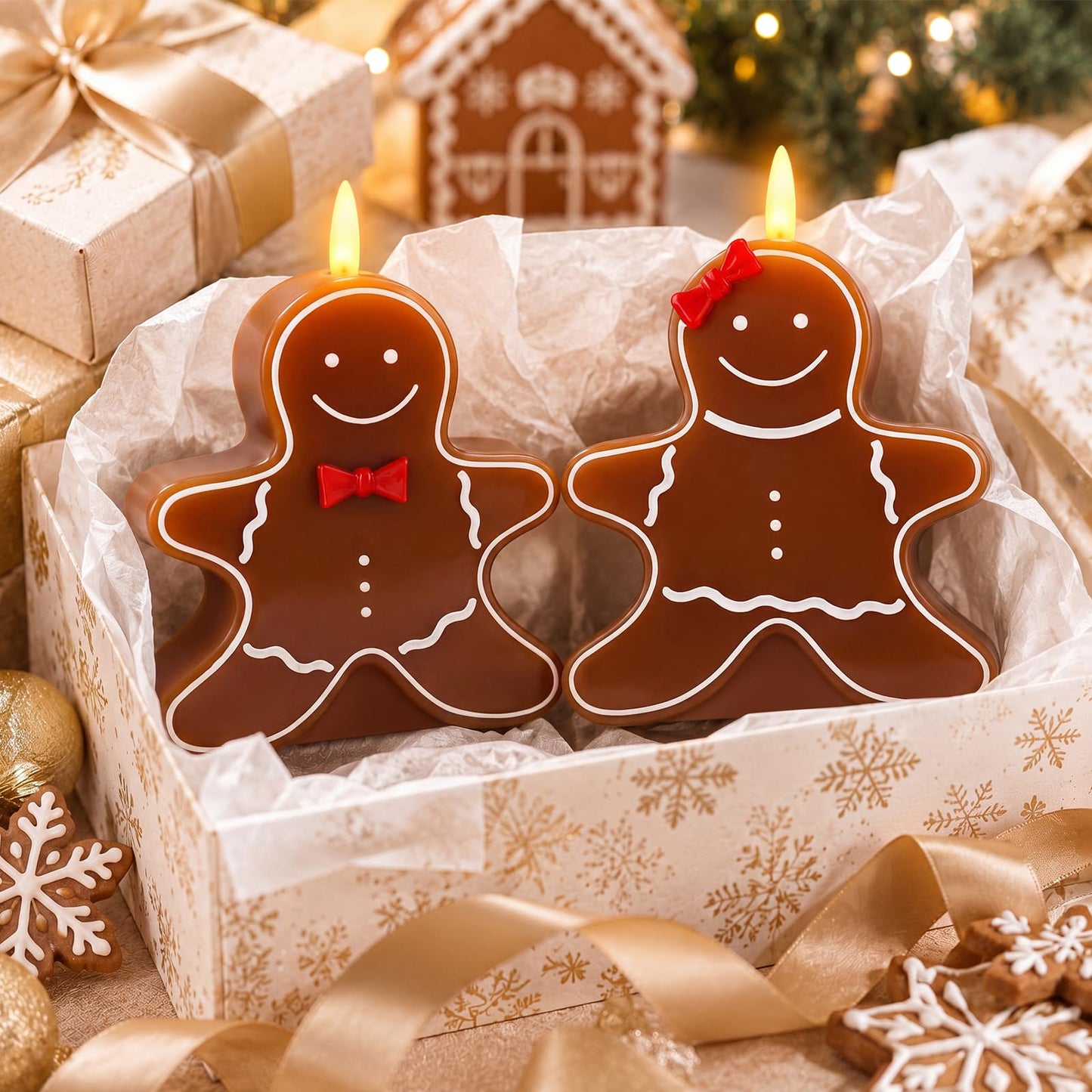 VIHOSE 2 Pcs Christmas Gingerbread Man Flameless Candles 4.53 x 5.59 x 2.76 inch Real Wax Gingerbread Man Battery Operated LED Candles Christmas Table Decoration for Xmas Winter Home Table Decor