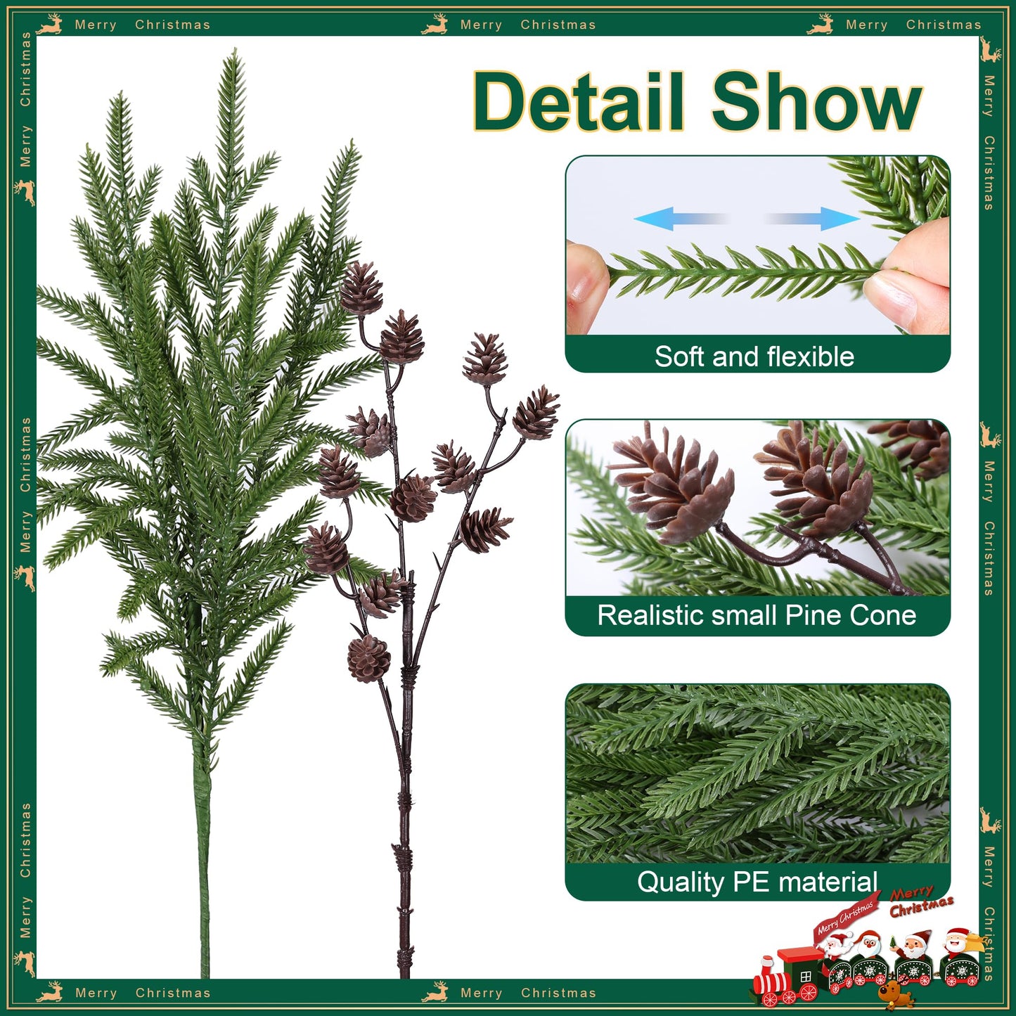 Artificial Christmas Norfolk Pine Stems Branches for Vases,12 Bundles Fake Pine Stems with 2 PCS Small Pinecones Branches Faux Evergreen Real Touch Greenery for Xmas Holiday Winter Table Indoor Decor